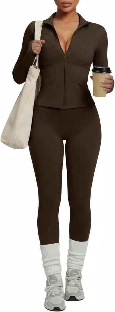 Women Workout Sets 2 Piece Seamless Yoga Outfits Long Sleeve Zip up Jacket High Waist Leggings Athletic Gym Set (Large, Brown)