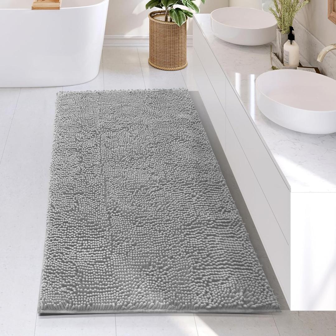 Hearth & Harbor Bathroom Rugs, Chenille Bath Mat - Machine Washable Bath Mats for Bathroom Non-Slip Backing Rubber, Quick Dry Bathroom Mat - Silver Bath Rug, 26x44