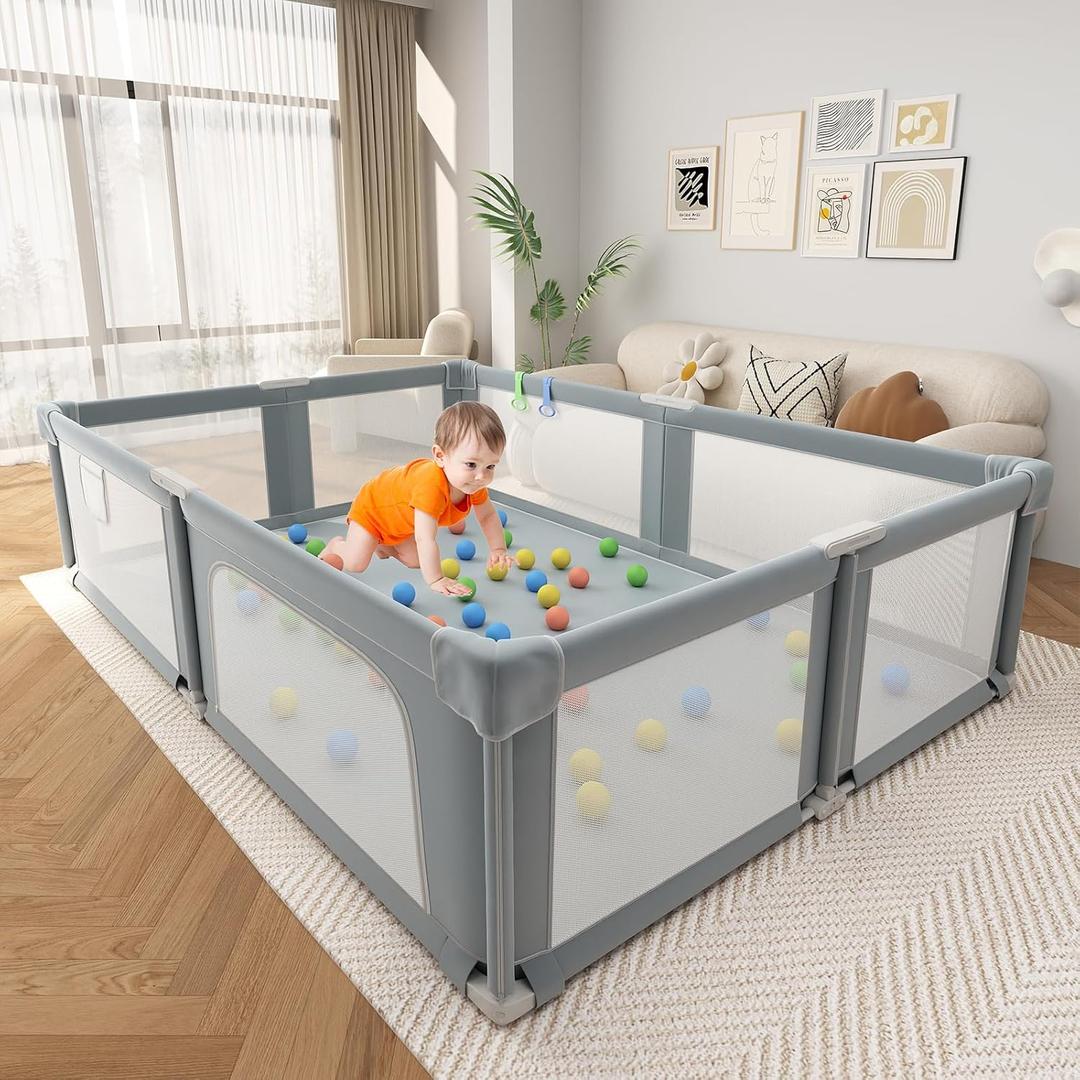 Baby Playpen, Foldable Play Yard for Babies and Toddlers, 73" x 61" Large Baby Playpen for Indoor & Outdoor, Play Fence with Soft Breathable Mesh, Mattress, and Ocean Balls, Dark Grey (Dark Gray)