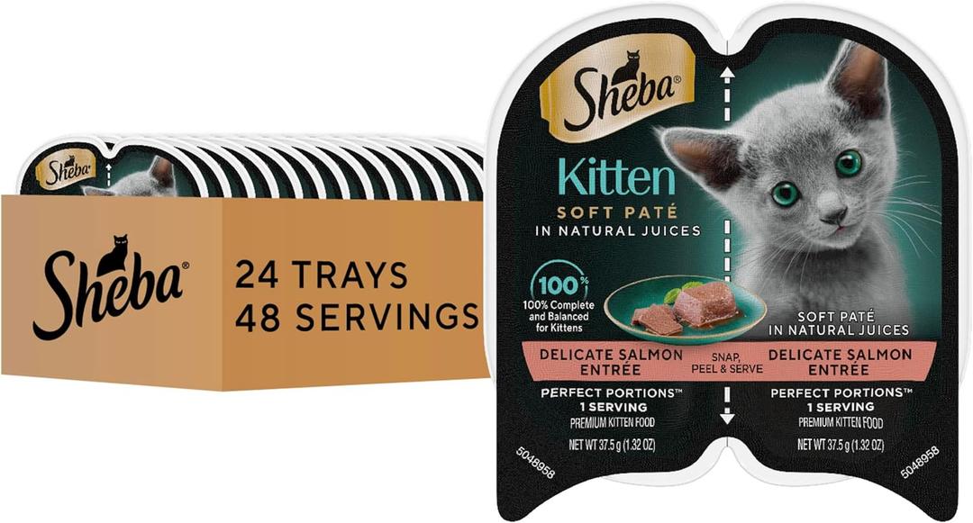 Sheba Perfect Portions Kitten Wet Food, Pate Cat Food Wet Entree, Salmon Recipe, 2.6 oz. Twin-Pack Trays (24 Count, 48 Servings) BBD -2/09/2028