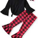 HIHA Toddler Little Girls Long Flare Sleeve Tops Bell Bottom Pants Outfit with Headband (2-3T, Christmas Plaid)