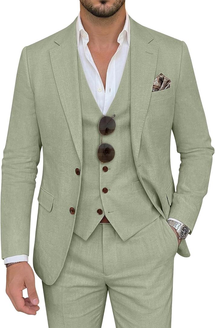 Men's Suit 3 Piece Linen Suits Slim Fit Suit Blazer Vest Pants Set Wedding Prom Tuxedos Business Casual Suit (Green, XXL)