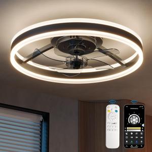 CubiCubi Modern Ceiling Fans, 20 Inch Black Ceiling Fan with Lights and Remote Control, APP, LED Fandelier with 3CCT and 6 Wind Speeds, Low Profile Ceiling Fans with Lights for Bedroom, Office