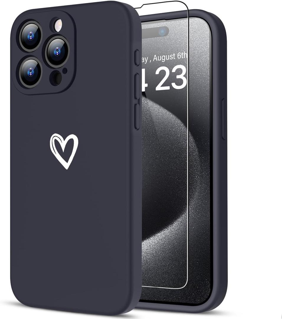 LUHOURI for iPhone 14 Pro Max Case with Screen Protector - Wireless Charging Compatible - Enhanced Camera Cover - Protective Silicone Phone Case with Cute Heart Design for Women 6.7" - Dark Blue