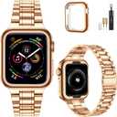 MioHHR Solid Stainless Steel Band Compatible with Apple Watch 44mm 42mm (Not Series 10), Metal Strap with Soft TPU Case for iWatch Series 6 5 4 3 2 1 SE Women and Men, Rose Gold