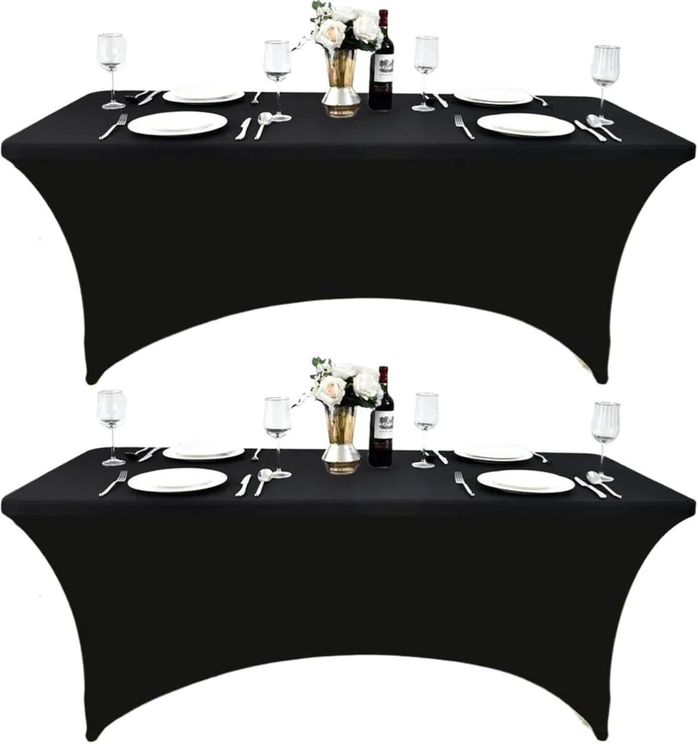 2-Pack 6ft Black Spandex Table Covers for Rectangle Standard Folding Tables - Wrinkle Resistant Stretch Tablecloths - Ultimate Fitted Table Protector for Parties, Trade Shows, Banquet