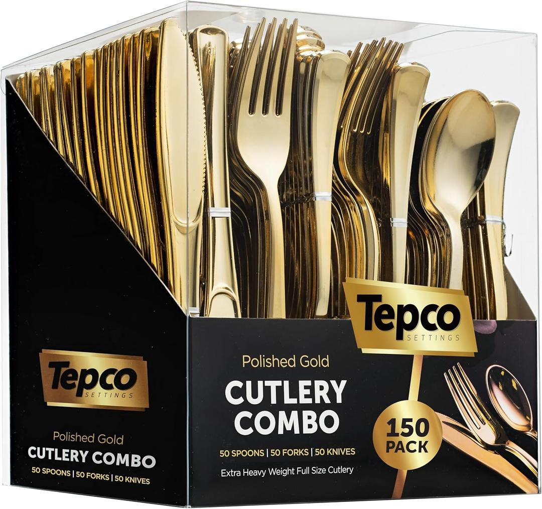 150 Gold Plastic Silverware Set - Disposable Flatware - 50 Forks, 50 Spoons, 50 Knives - Heavy Duty Cutlery for Party Bulk