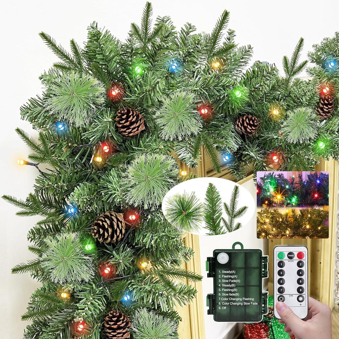 Realistic-Feel PE & 3 Mixed Lifelike Branches-9 Ft by 12 Inch Prelit Norfolk Pine Christmas Garland Remote 50 Warm White&Colored Light,280 Branches&Cedar Garland &Red Berry Pinecone,Xmas Garland Decor