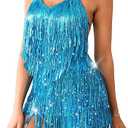 Kaei&Shi Sequin Fringe Romper,Sparkly Glitter Metallic Jumpsuits For Women,Backless Shorts Dress Disco Birthday Dance Outfit, Blue Small/Medium