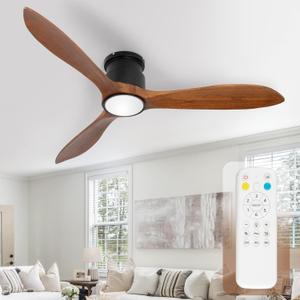 52" Low Profile Ceiling Fan, Flush Mount Ceiling Fan with Lights Remote Control, DC Motor with Wood Blades, 6-Speed & Timer for Bedroom/Living Room/Walnut Wood
