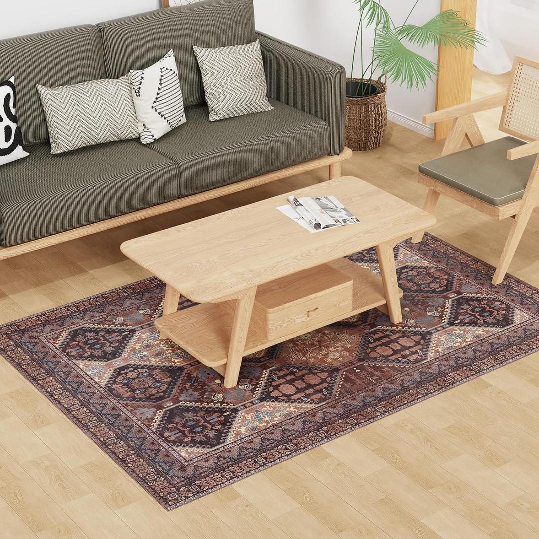 Floor Mat for Home 46ft, Easy Clean Plastic Rug-Like Pattern Area Mat for Living Room, Waterproof Vinyl Area Rug for Under Kitchen Table, No Slip Soft Vintage Rug for High Traffic Area (Brown)