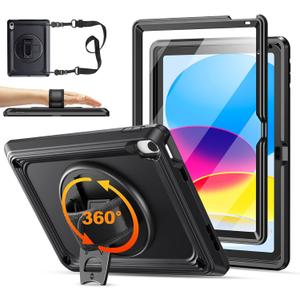 TSQQST iPad (A16) 11th/10th Generation Case 10.9 Inch 2025/2022 with Screen Protector | Military Grade | 360 Rotating Stand & Hand Shoulder Strap | Rugged Silicone Heavy Duty Drop Protection | Black