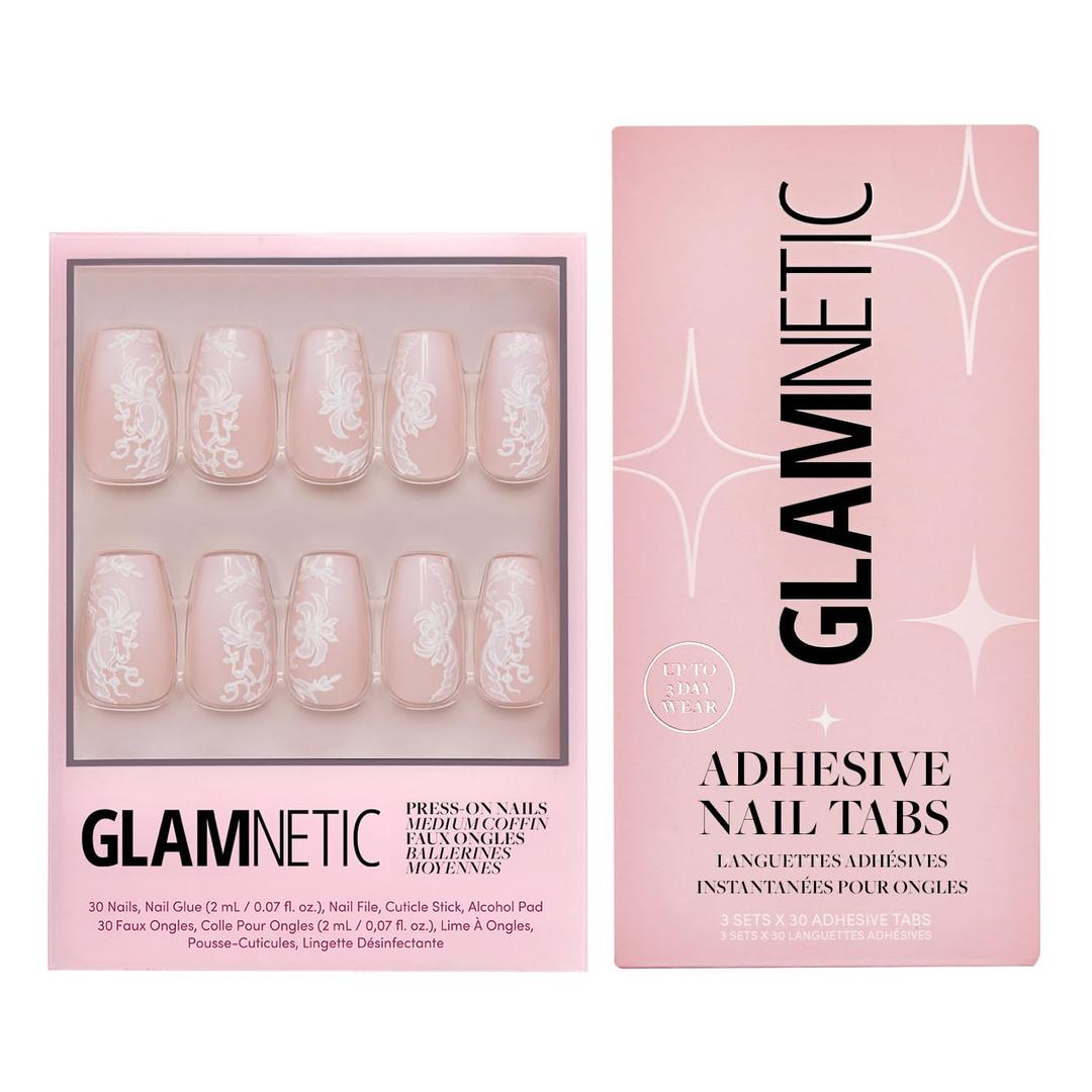 Glamnetic Press-On Nails & Adhesive Nail Tabs - Lace Blush | Medium Coffin Fake Nails with Lace Detailing | 15 Sizes - 30 Nail Kit with Adhesive Tabs