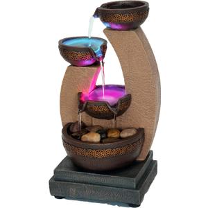 11" H Golden Tiered Bowl Fountain with Color Changing LED Lights with Adapter Brown
