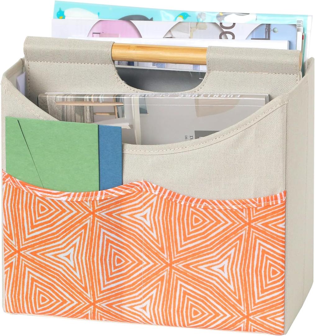 EZDeco Magazine Holder,Boho Foldable Magazine Rack Storage Basket with Bamboo Handles,Holds Multiple Magazines with 3 Pockets,Magazine Basket for Home Office Book,File, Newspaper