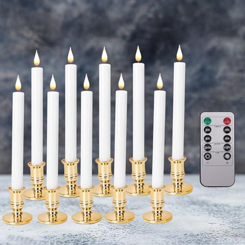 POQCCT LED Flameless Window Candles with Remote Timer 10 PCS Battery Operated Flickering Taper Candle Lights with Removable Gold Candle Holders Best Gift for Xmas Wedding Home Dinner Decor