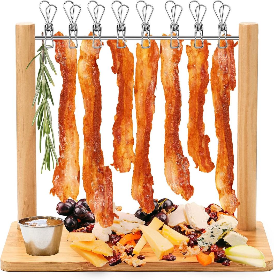 Wonderjune Bamboo 13 Inch Bacon Display Rack Wooden Bacon Tray Hanger Serving Dishes Meat Display Holder for Wedding Home Party Housewarming Gifts