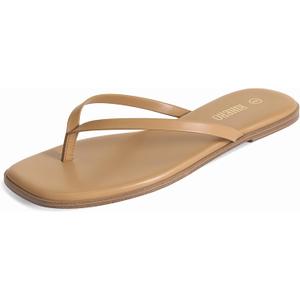 Rihero Flip Flops for Women Dressy Beach Sandals Wide Width Square Toe Comfort Slip On Thong Flat Sandals Taupe Size 9