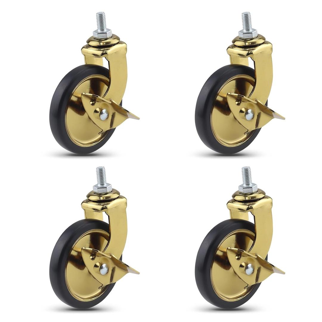 3" stem Caster Wheels, Hotel Restaurant Trolley Casters Set of 4 (4with brake, Gold plating),threaded stem 8 * 15mmLightweight Total Capacity 160lbs