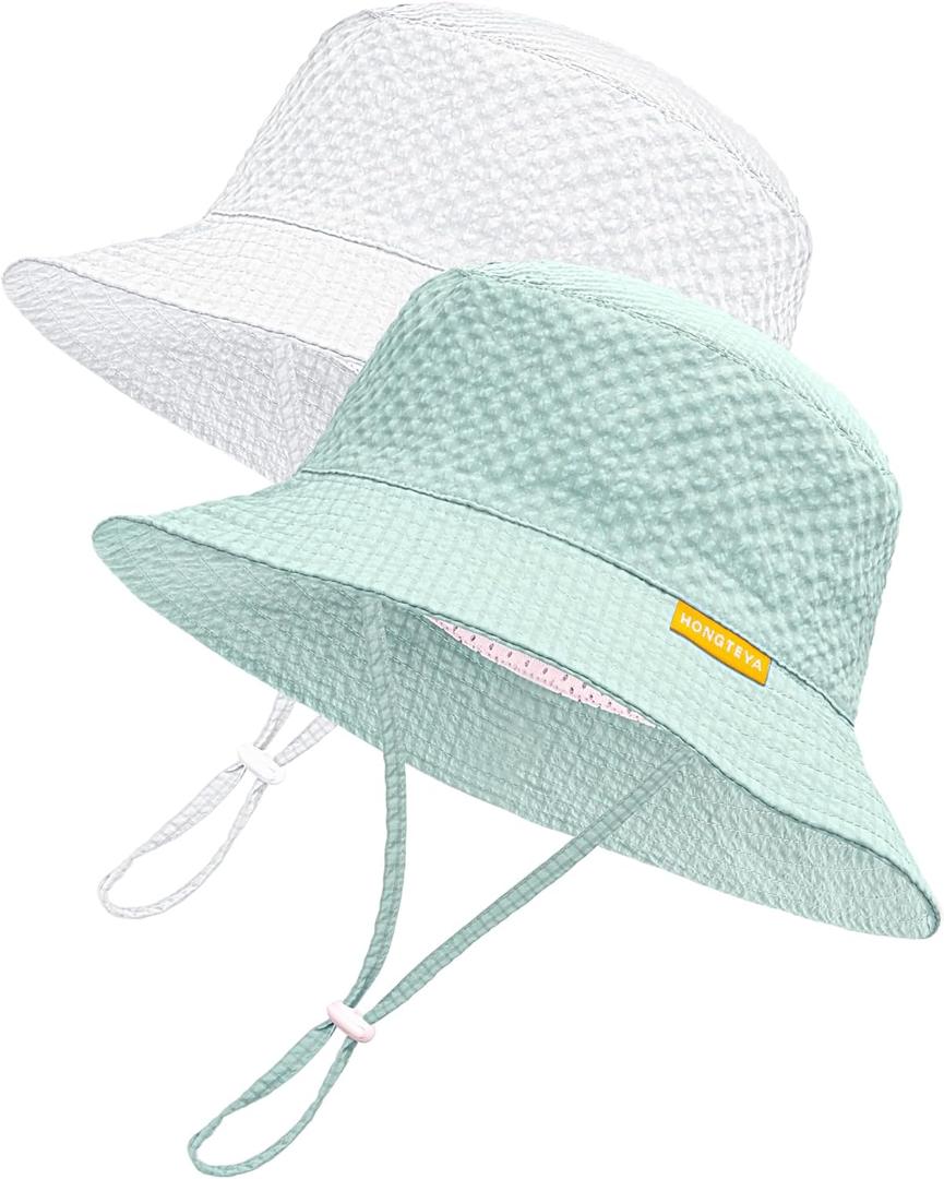 HONGTEYA Baby Sun Hat Toddler Boy Bucket Hat Kids Summer Beach Hat Wide Brim Sun Protection (6-24 Months, White/Lightblue)