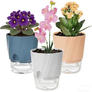 Self Watering Plant Pots 6 Inch, 3 Pack Plastic Indoor Planters with Wick Rope and Reservoir, Decorative Flower Pots for Spider Plant, Orchid, African Violet, Home Office Decor (White, Pink, Blue)