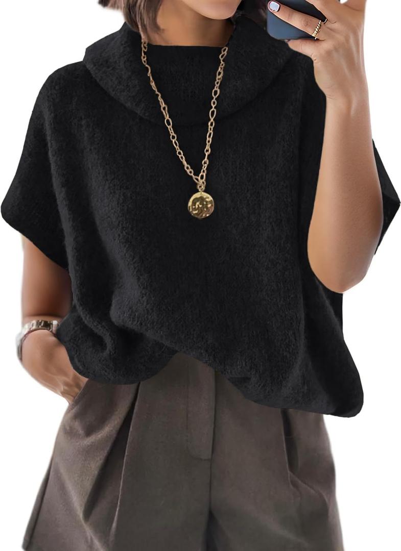 ZDC Womens Oversized Turtleneck Sweaters Short Batwing Sleeve Casual Slouchy Loose Fit Lightweight Pullover Knit Tops (Small, Black)