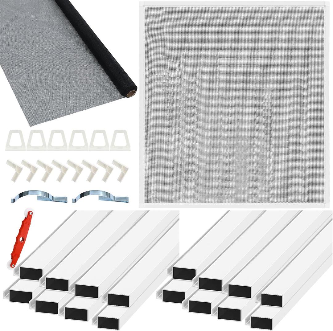 Yaocom 4 Pack Window Screen Kit 3/4 x 5/16 Inch Aluminum Frame with Corners, Spline, Springs, Pull Tabs, Screen Mesh and Screen Rolling Tool 32'' x 32''