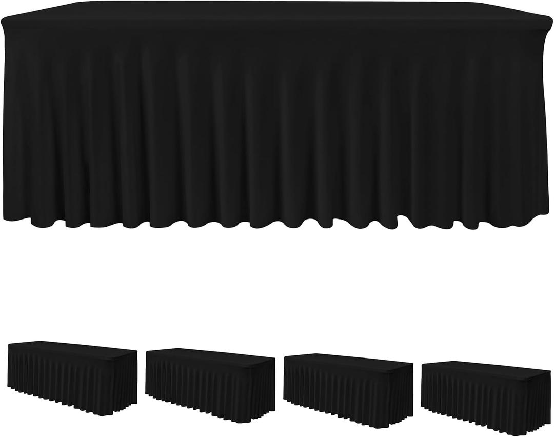 HolidayIdeas Black Spandex Table Skirts for Rectangle Tables 6ft, Fitted Stretch Table Cover 30x72 Inch, Wrinkle-Free Ruffle Design Tablecloths for Banquets,Trade Shows, Parties, Events, 4 Pack