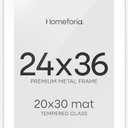 Homeforia 24x36 White Poster Frame, High-End Metal, 20x30 Mat, Glass, Soft White, 24x36, 2