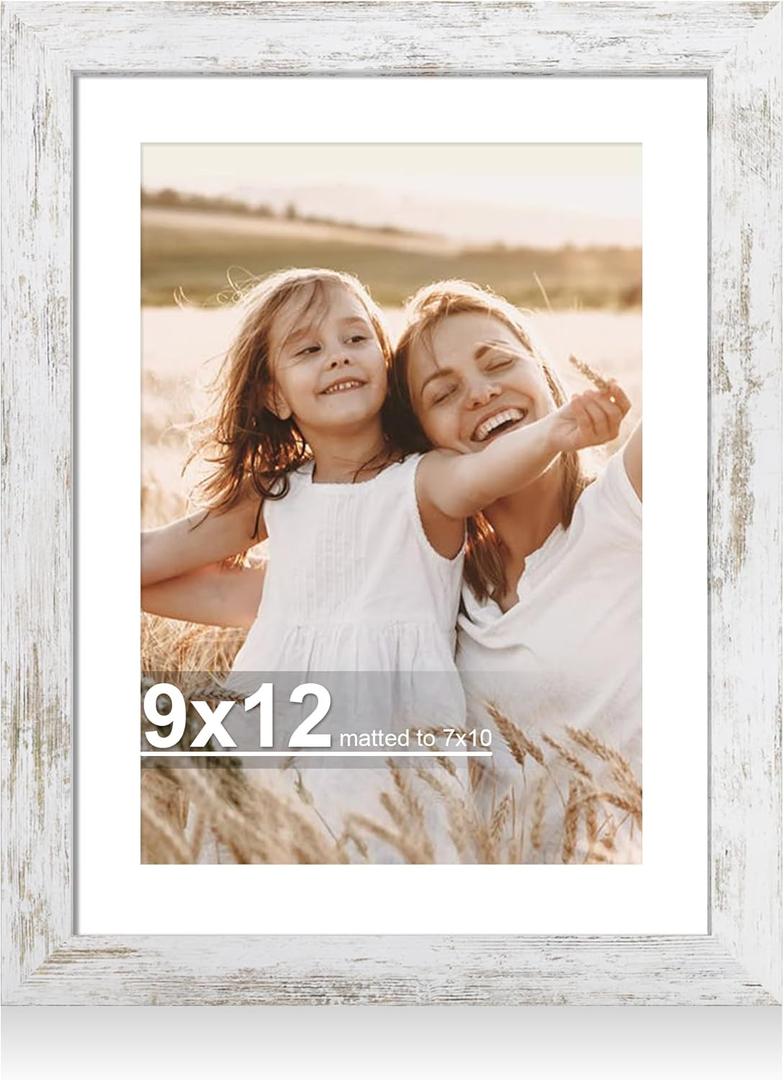 Hongkee 9x12 Picture Frame with Glass, Display Pictures 7x10 with Mat or 9 x 12 without Mat - Wall and Tabletop, 9 by 12 Photo Wooden Frames (Distressed White, 1 Pack)