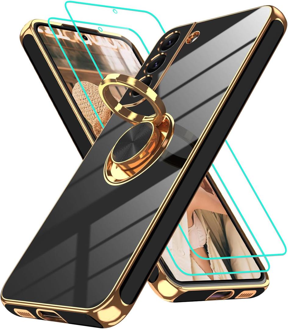 Gritup for Samsung Galaxy S22 Case: with 2Pcs Screen Protector, 360 Rotation Ring Holder Magnetic Kickstand, Plating Gold Edge Soft TPU Shockproof Protective Cover for Galaxy S22, Black