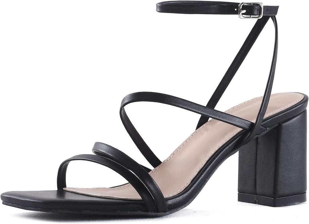 LACUONE Strappy Heels for women Block Heels Square Toe Chunky Ankle Buckle Pump Heeled Sandals (7.5, Black)