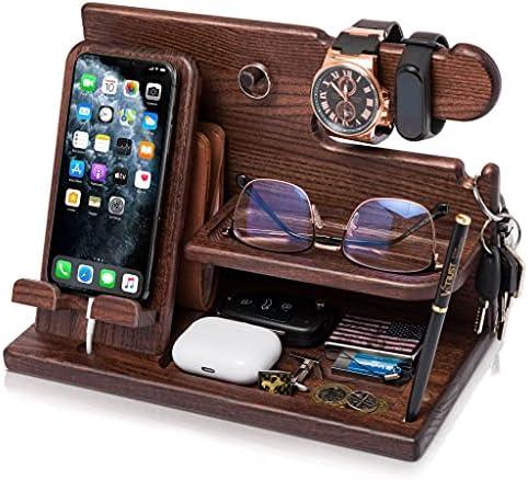 TESLYAR Wood Phone Docking Station for Men - Desk or Nightstand Organizer - Birthday Gifts for Husband, Dad - Anniversary Idea from Wife - Key Holder, Stand Wallet, Watch & Essentials (Bourbon Brown)