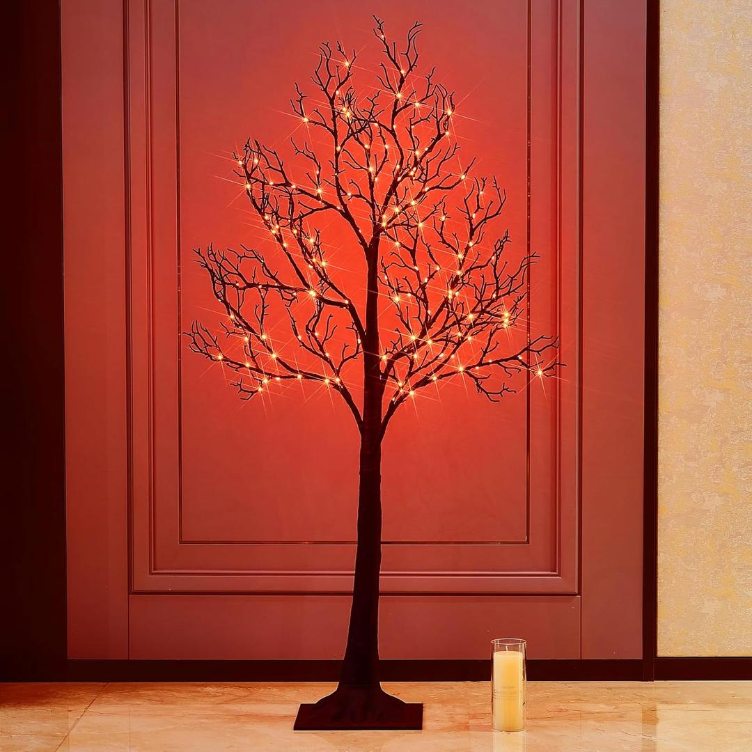 Birchlitland Halloween Tree with Lights 150 Orange Fairy Lights, 4TF Tell Black Glittered Tree Lights Pull in for Indoor and Outdoor Halloween Party Decoration