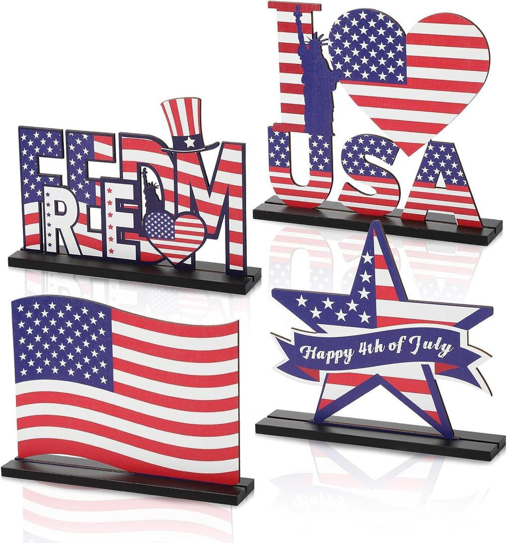 4pcs Memorial Day Decorations Table Wooden Sign Patriotic Themed Tiered Tray Decor Remember and Honor Happy Memorial Day Table Decor Supplies