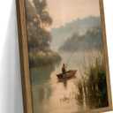 Wood Framed Vintage Fishing Wall Art, Country Fisherman Landscape Canvas Wall Decor Paintings, Retro Country Farmhouse Posters Prints Pictures for Boy Room Bedroom Living Room Home Decor 16x24 Inch