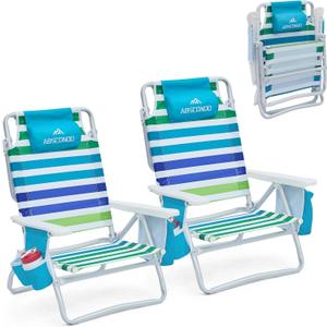 Beach Chair, Beach Chairs for Adults 2 Pack, Outdoor Folding Beach Chairs for Adults, Supports up to 350lbs with 5 Positions, Towel bar, Cooler Pouch, Storage Pouch.