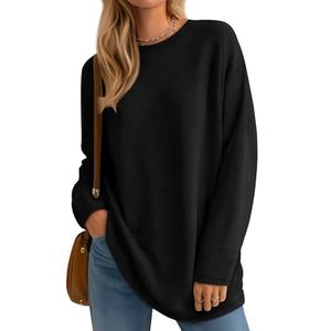 Velvelhall Womens Long Sleeve Sweatshirts Oversized Waffle Knit Tunic Tops Casual Crewneck Long Shirts (Black,Large)
