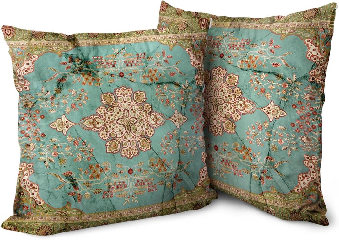 Boho Green Throw Pillow Covers 26x26 inch Set of 2, Bohemian Carpet Double Sided Pattern Soft Plush Cushion Cover for Couch Sofa Bed Decorative, Only Pillowcase (No Insert) (Boho Style 09)