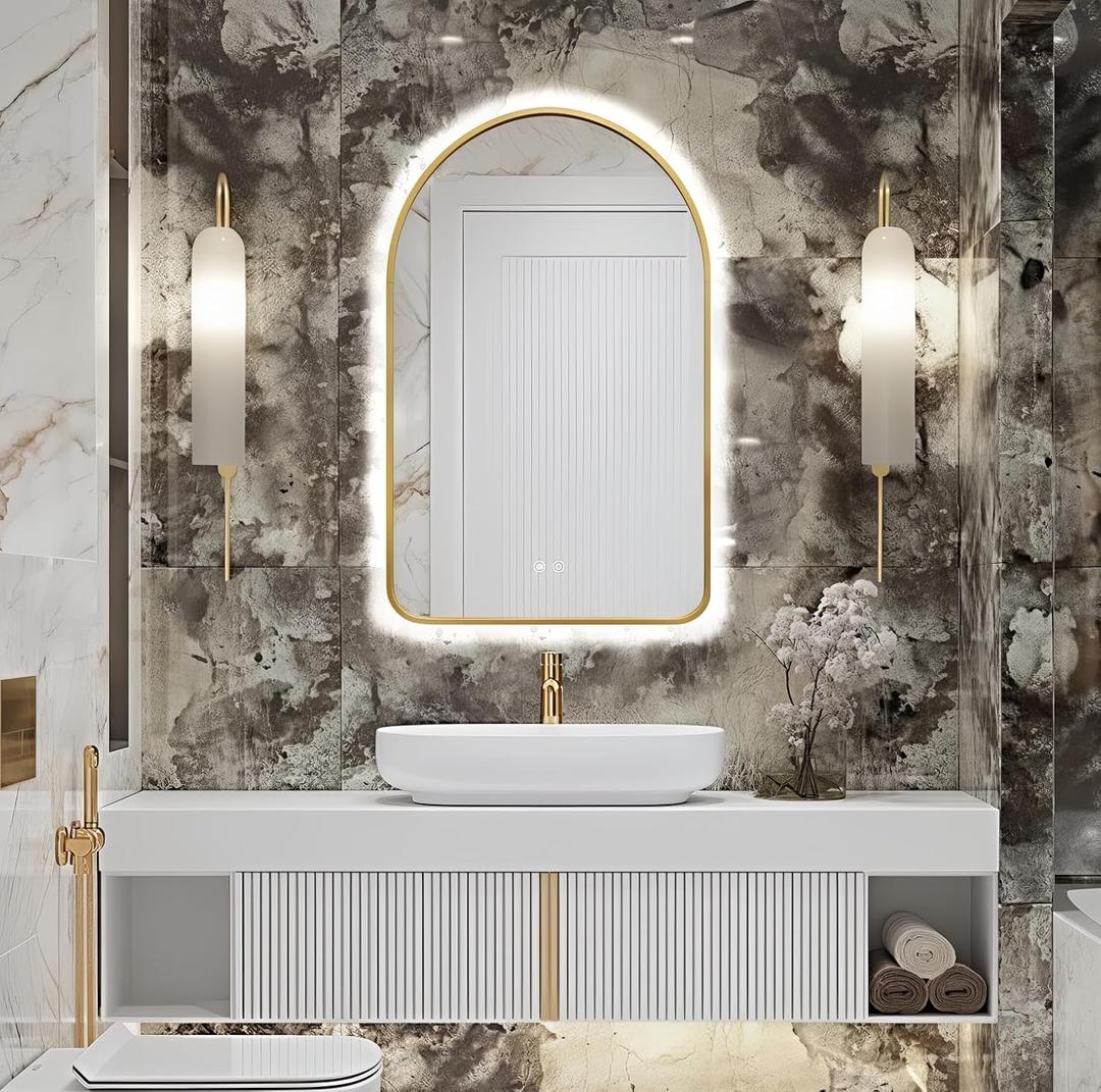 Arched LED Bathroom Mirror, 32"x20" Gold Framed Arch Backlit Vanity Mirror with Lights, Anti-Fog, 3 Colors, Dimmable, Adjustable Brightness, Waterproof, UL Listed