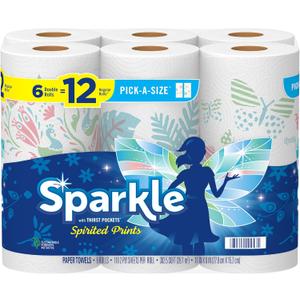 Sparkle Pick-A-Size Paper Towels, Spirited Print Design, 6 Double Rolls (660 Sheets Total) - Strong 2-Ply Towels for Kitchen Cleanup and Everyday Messes