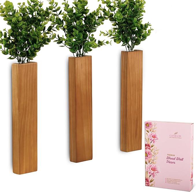 3-Pack Wood Wall Planters with 6 Removable Faux Eucalyptus Stems - Modern Farmhouse Wall Decor for Living Room, Bedroom, Bathroom - Wooden Wall Vases and Fake Eucalyptus for Home Office Decor