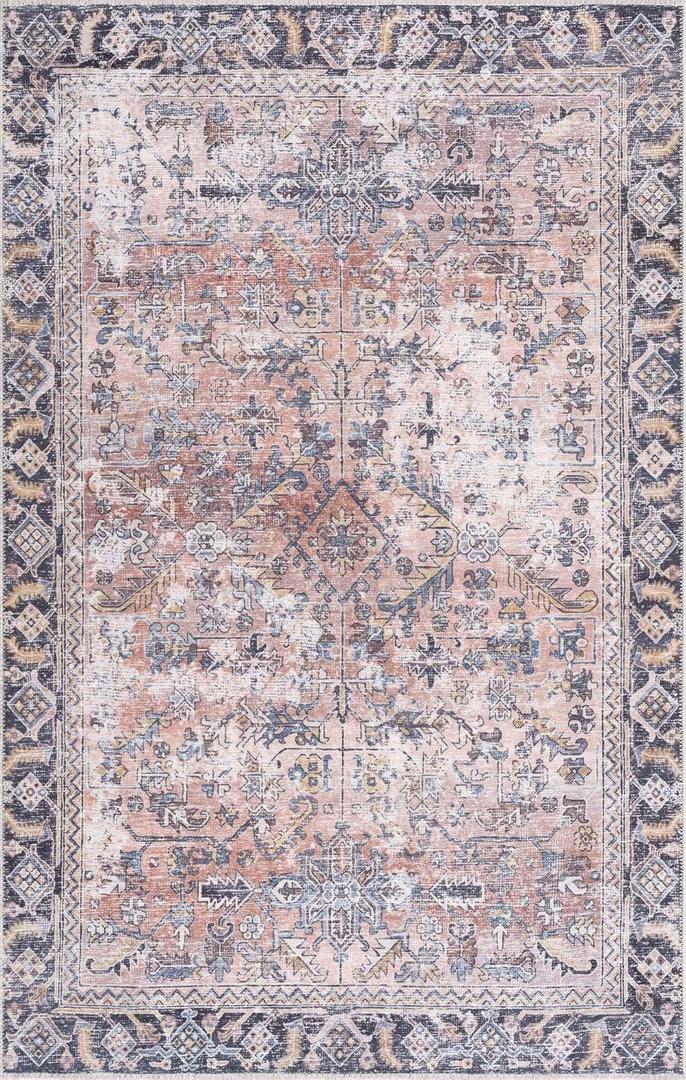 BoutiqueRugs Holli Oriental Medallion Area Rug - Vintage Traditional Floral Carpet for Living Room - Machine Washable - Peach, Burgundy, Yellow - 6'7" x 9' (6x9)