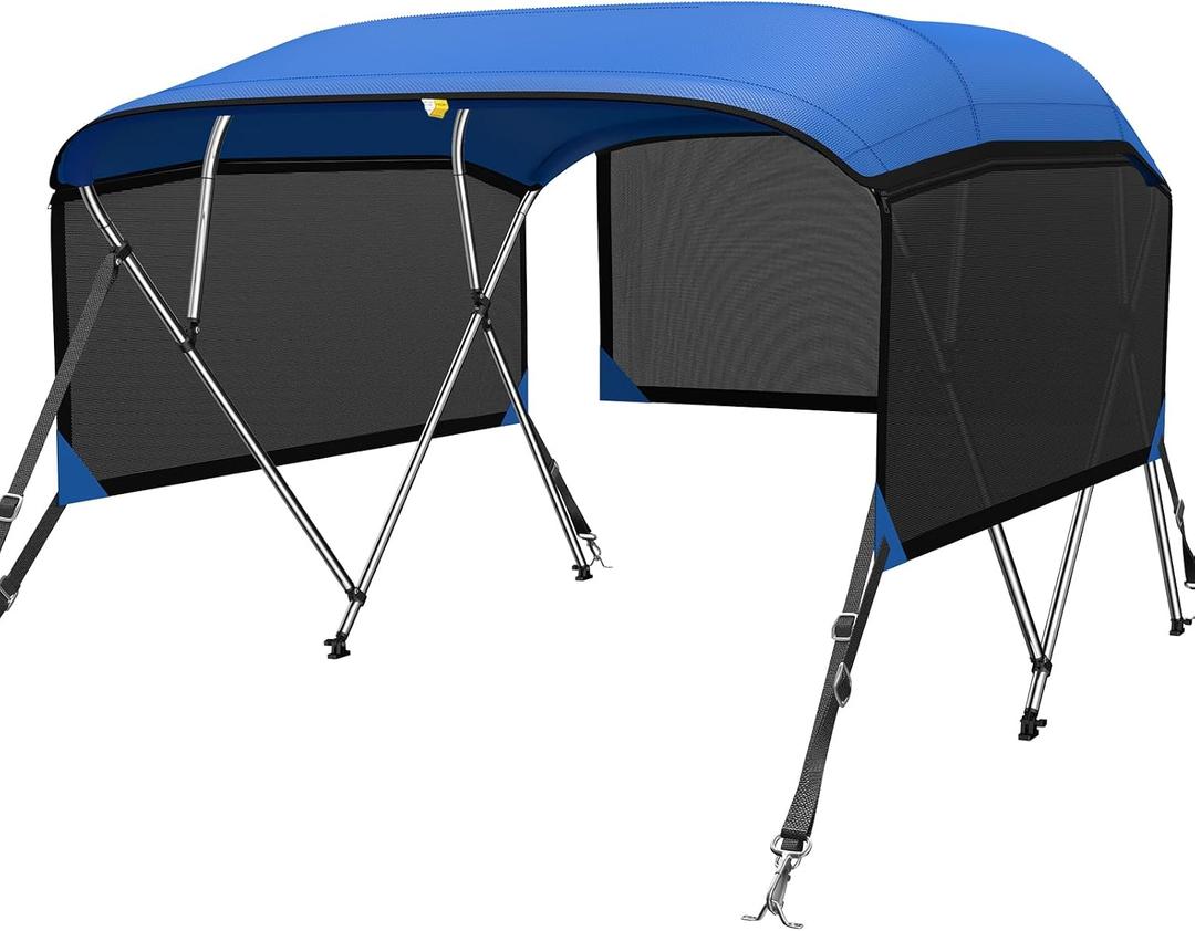KAKIT 4 Bow Bimini Tops for Boats with 3 Mesh Sidewalls Rear Support Poles Boat Canopy Includes Straps Storage Boot, Dark Gray, Size: 4 Bow 8'L x 54" H x 67"-72" W