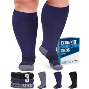 Doctor's Select 3 Pairs Plus Size Compression Socks Wide Calf - Up to 6XL | 20-30 mmHg Compression Socks for Women Wide Calf | Soreness Support | Black, Gray, Navy (XX-Large)