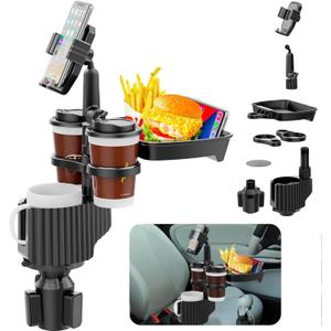 Car Cup Holder Tray,Upgrade 5-in-1 Removable Extender Car Food Tray,Car Cup Holder Phone Mount,Three Cup Holders and Width Adjustable Swivel Phone Holder,Road Trip Driver Gifts for Men Women