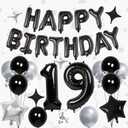 32 Inch 19 Balloon Numbers, Happy Birthday Balloons Banner 16 Inch Foil Letters Balloon Silver and Black Star Balloons for 19th Birthday Decorations for Boys Black Party Decorations