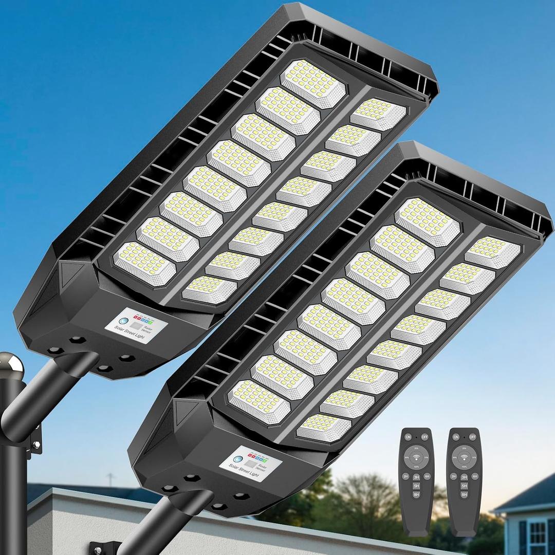 Deepn Solar Street Lights Outdoor, 8000W Commercial Grade Solar Lights Outdoor Waterproof, LED Parking Lot Light Dusk to Dawn Security Flood Lights with Motion Sensor and Remote Control, 2 Pack