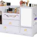 Large Vanity Makeup Organizer with Mirror for Countertop - 3 Drawers & Brush Holder | Cosmetic and Skincare Storage Desk Organizer for Dorm Room, Bathroom, Bedroom (White)