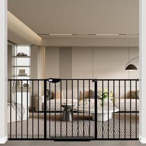 WAOWAO Triple Lock 49.21-66.54" Baby Gate Extra Wide Pressure Mounted Walk Through Swing Auto Close Safety Black Metal Dog Pet Puppy for Stairs,Doorways,Kitchen